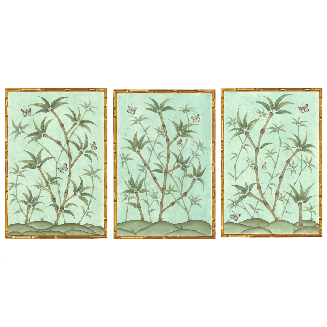 Original Chinoiserie Panels on Silk Triptych | Bamboo En Fleur, Set of 3