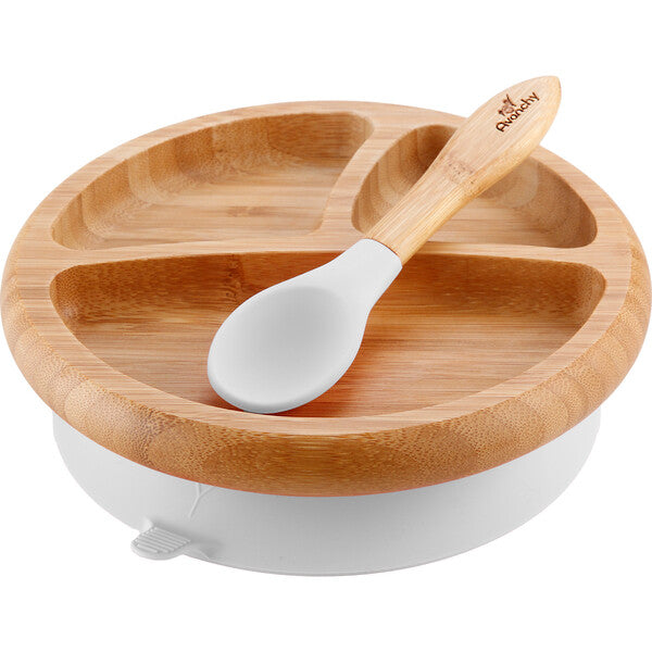 Baby Bamboo Stay Put Suction Plate + Spoon, White