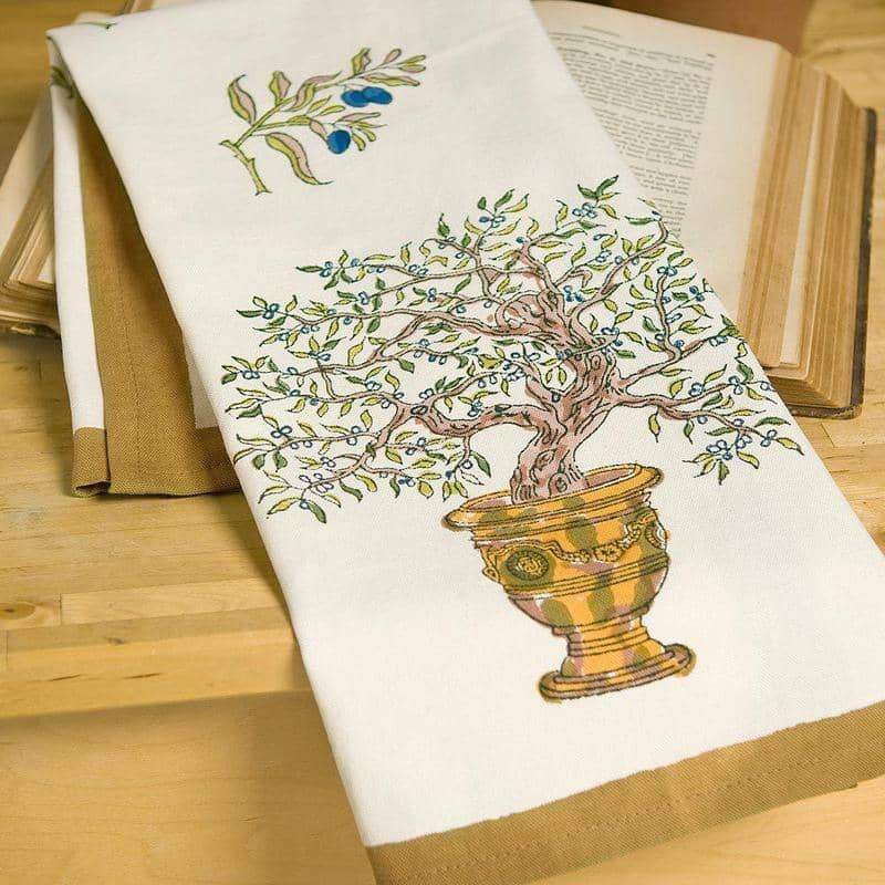 Olive Tree Tea Towels in Khaki & Blue, Set of 3
