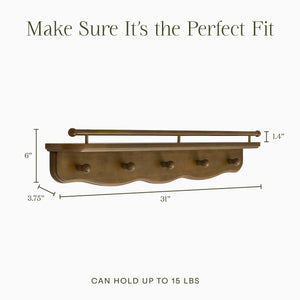 Liberty 31" Wall Shelf with Hooks in Natural Walnut
