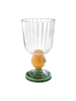 Front view of Carmen Goblet Orange Stem showcasing its orange stem, green base, and clear ribbed bowl on white background