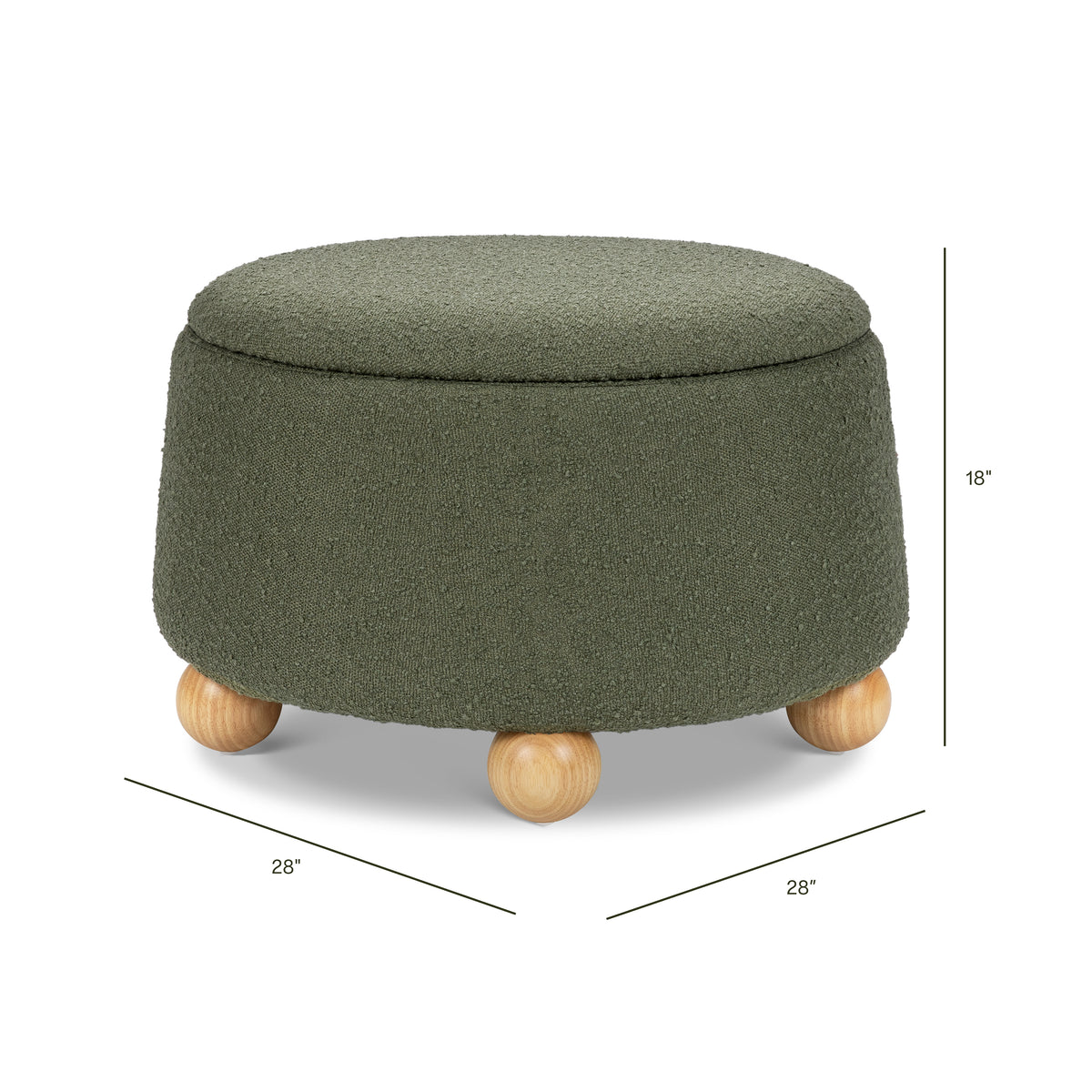 Tuffet Storage Ottoman in Performance Olive Boucle with Honey Ball Feet