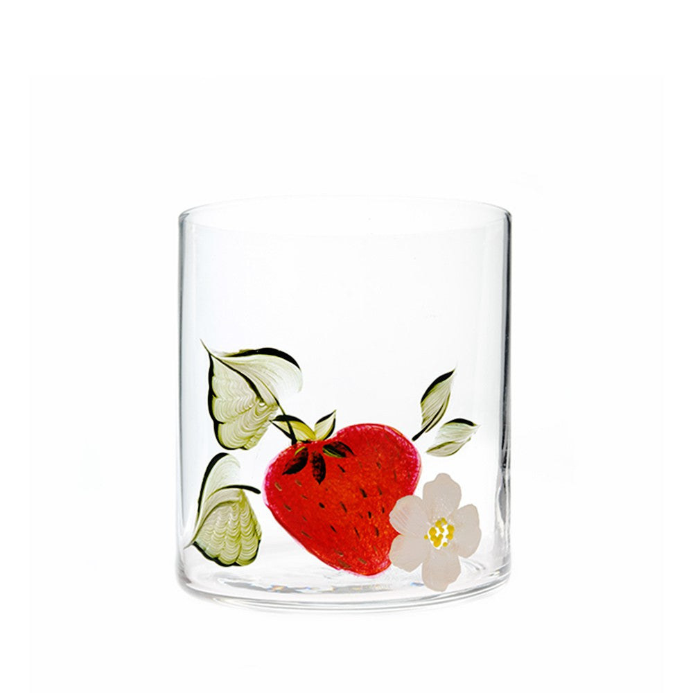 Front view of Strawberry Crystal Tumbler showcasing hand-painted strawberry, leaves, and flower design with a white background