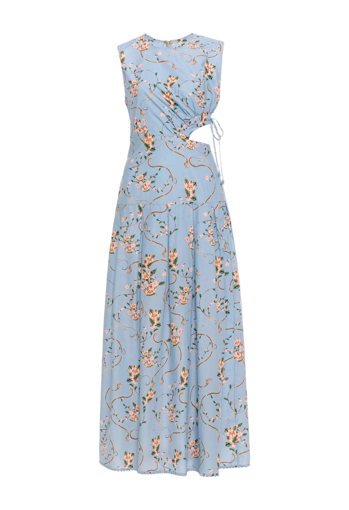 Front view of Otoño Navegante Midi Dress showcasing blue floral print, side cut-outs, and paneled A-line skirt