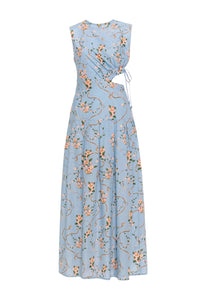 Front view of Otoño Navegante Midi Dress showcasing blue floral print, side cut-outs, and paneled A-line skirt