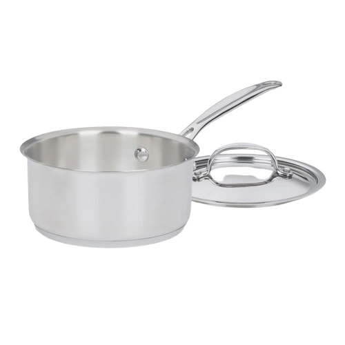 Angled view of Chef’s Classic 1.5 quart stainless steel saucepan with cover, mirror finish and riveted handle
