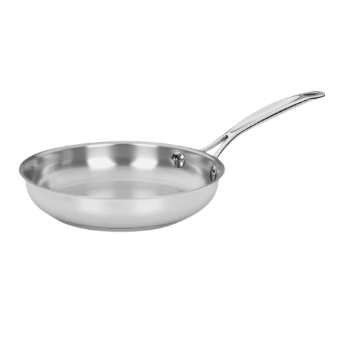 Angled view of Chef’s Classic Stainless 8-inch Skillet showcasing mirror finish with black background
