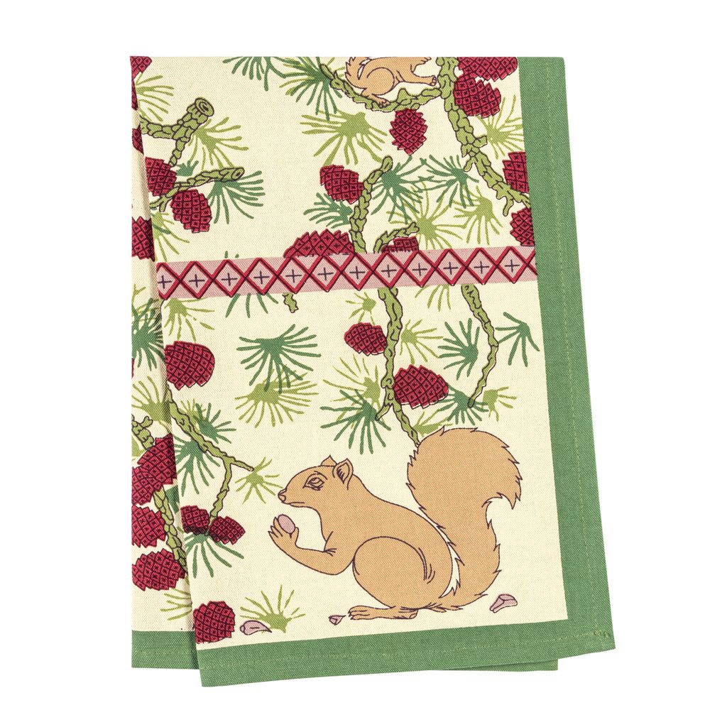 Squirrel and Pinecone Tea Towels in Red & Brown, Set of 3
