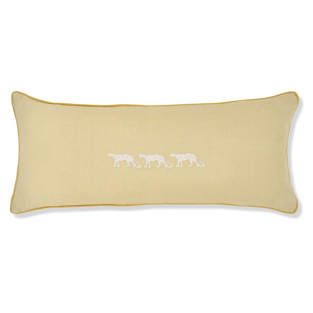 Cushion in Pale Gold with Ochre Piping featuring Trio of Leopard Embroideries