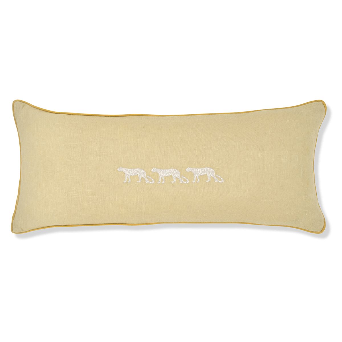 Cushion in Pale Gold with Ochre Piping featuring Trio of Leopard Embroideries