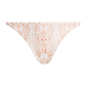 Front view of Palmira Playa Bikini Bottom with low-rise cut, hand-illustrated print, and embroidered detailing on white