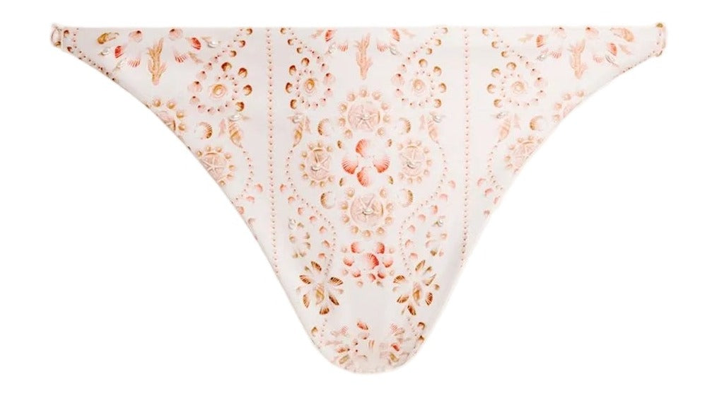 Front view of Palmira Playa Bikini Bottom showcasing hand-illustrated print and embroidered detailing with a white background