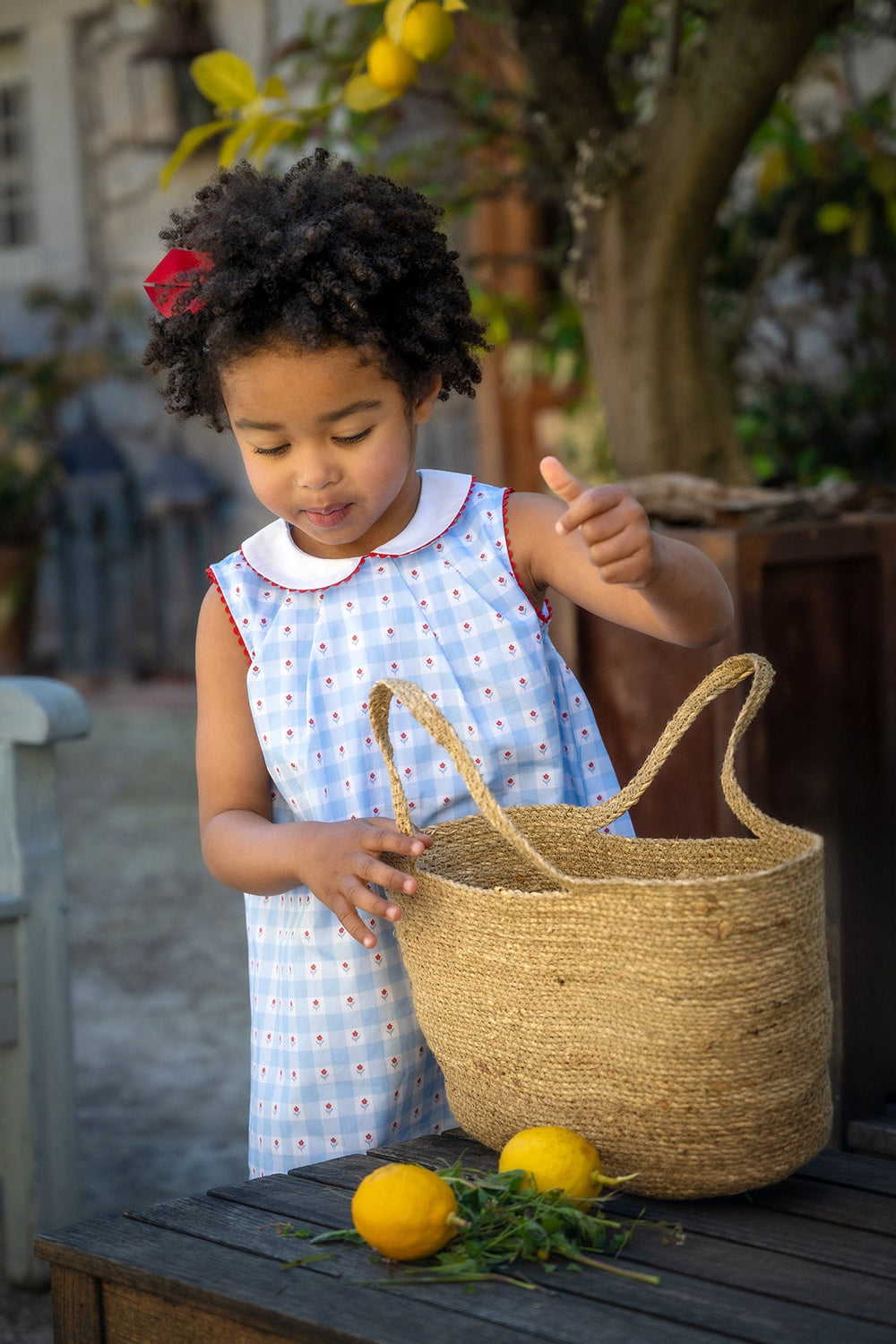 Front view of Brigitte dress in blue floral on toddler, showing white Peter Pan collar and red trim, outdoor
