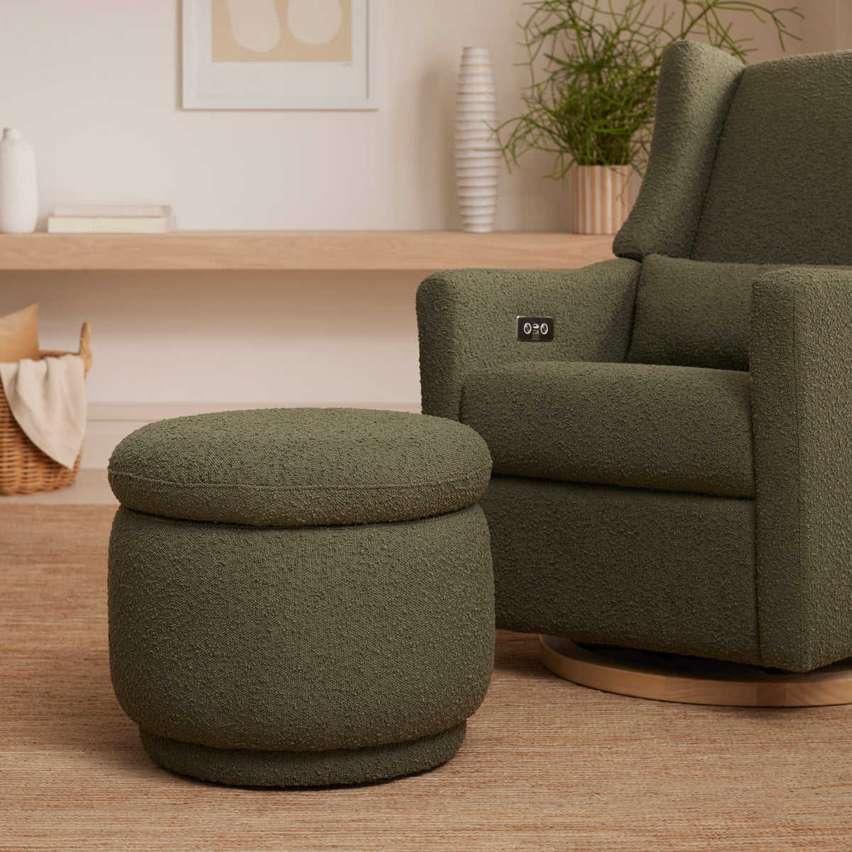 Enoki Storage Ottoman in Boucle in Olive Boucle