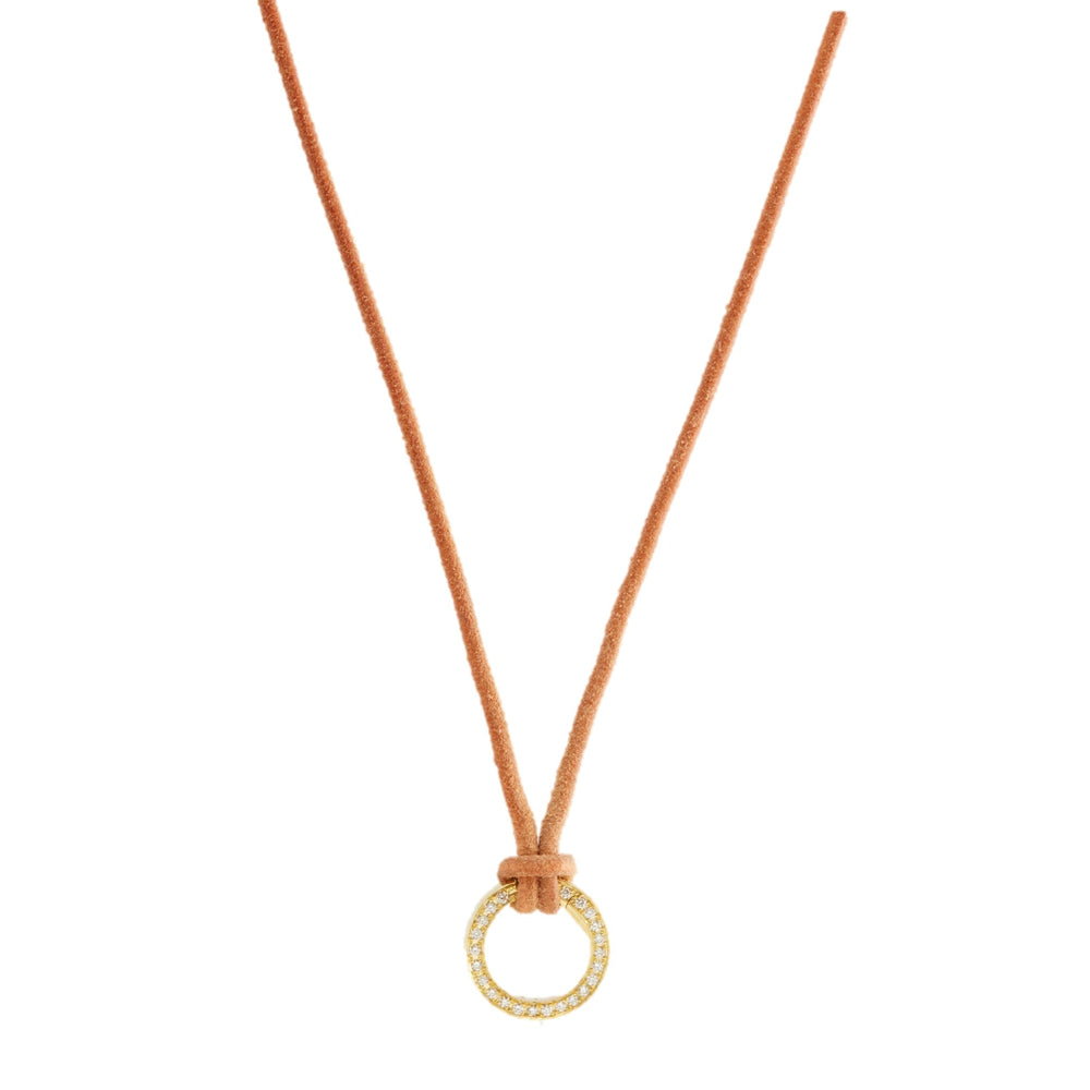 Front view of adjustable leather necklace showcasing a diamond-encrusted 18k yellow gold circle clasp on white background