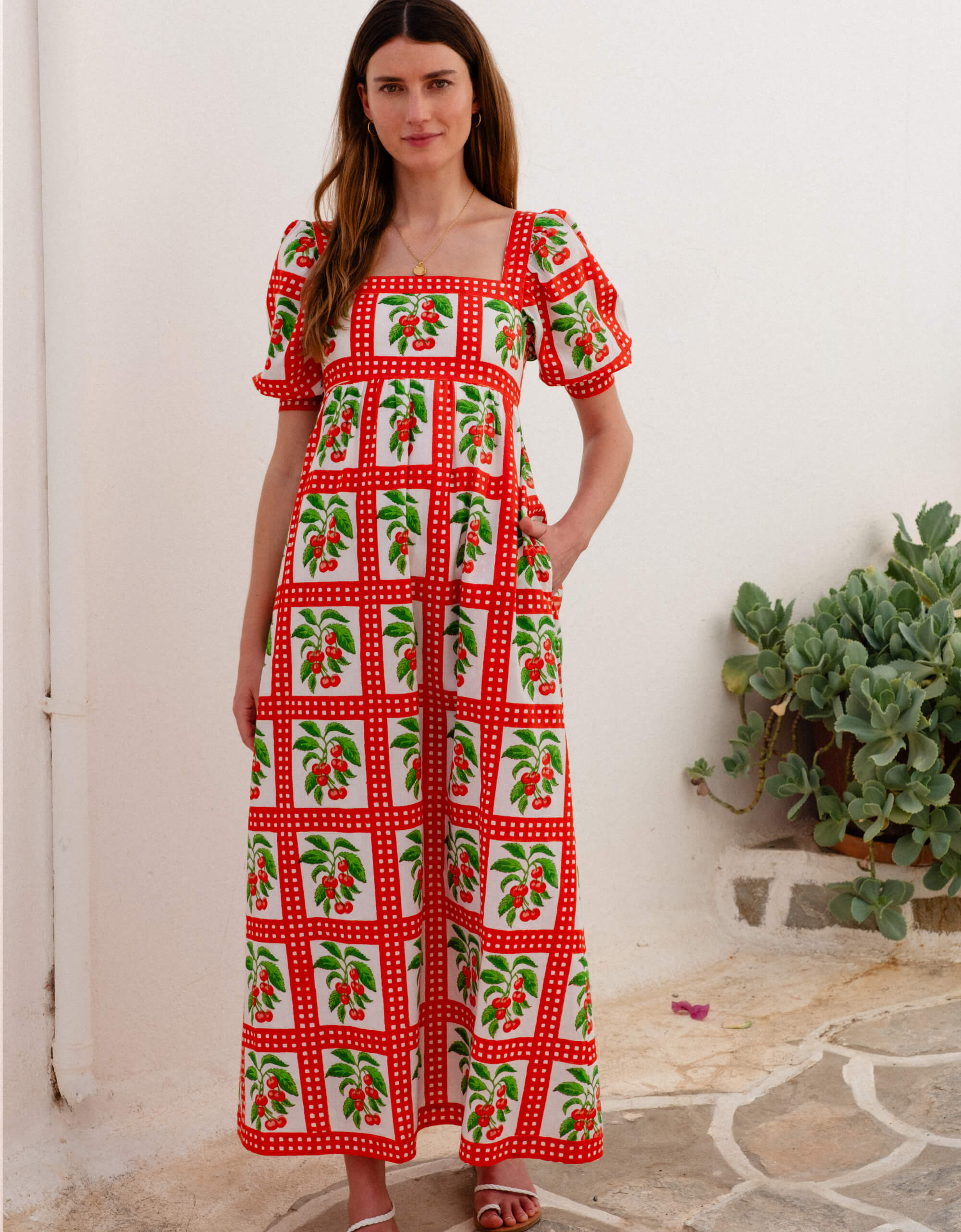 Elizabeth Dress | Red Cherry Midi | Block Print Cotton | Over The Moon
