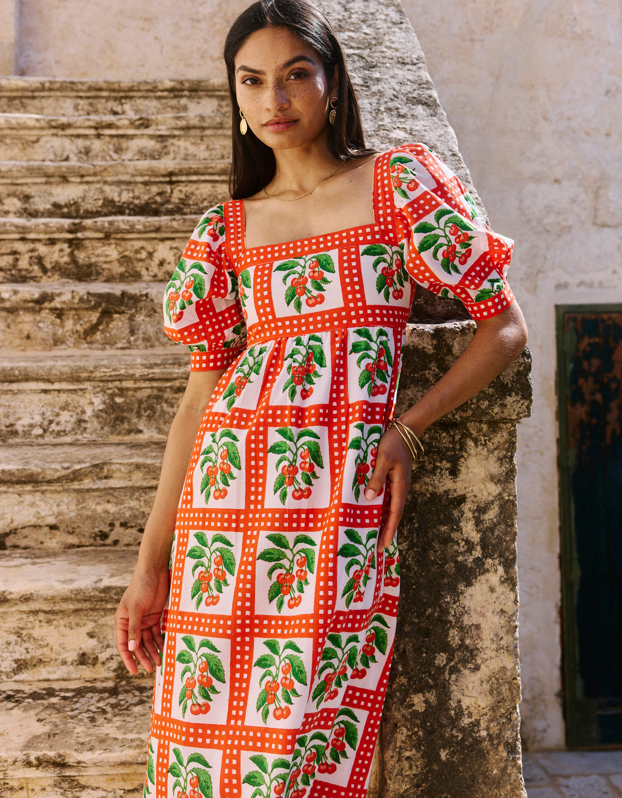 Elizabeth Dress | Red Cherry Midi | Block Print Cotton | Over The Moon