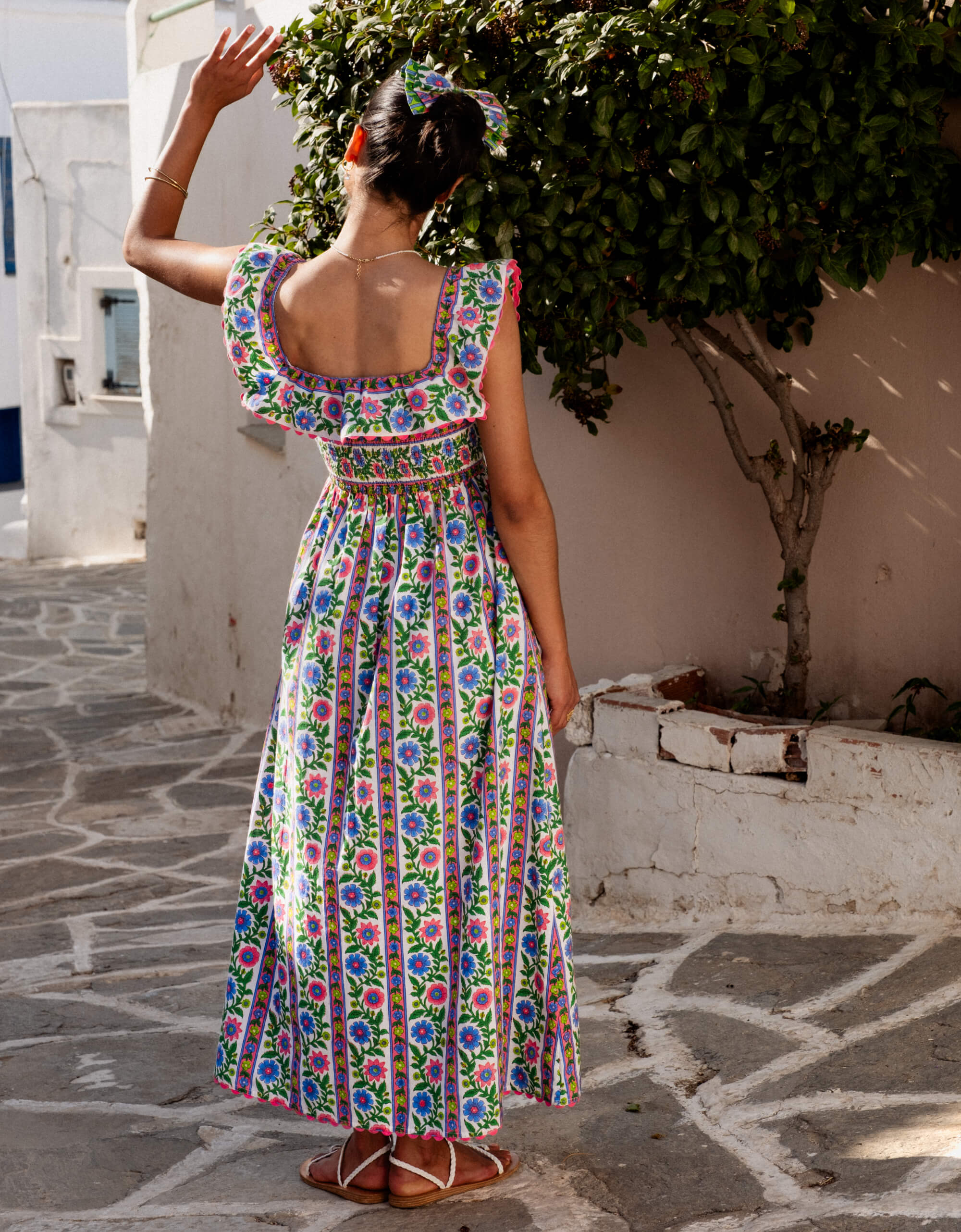 Carrie Dress | Pink & Blue Floral Midi | Block Print Cotton | Over