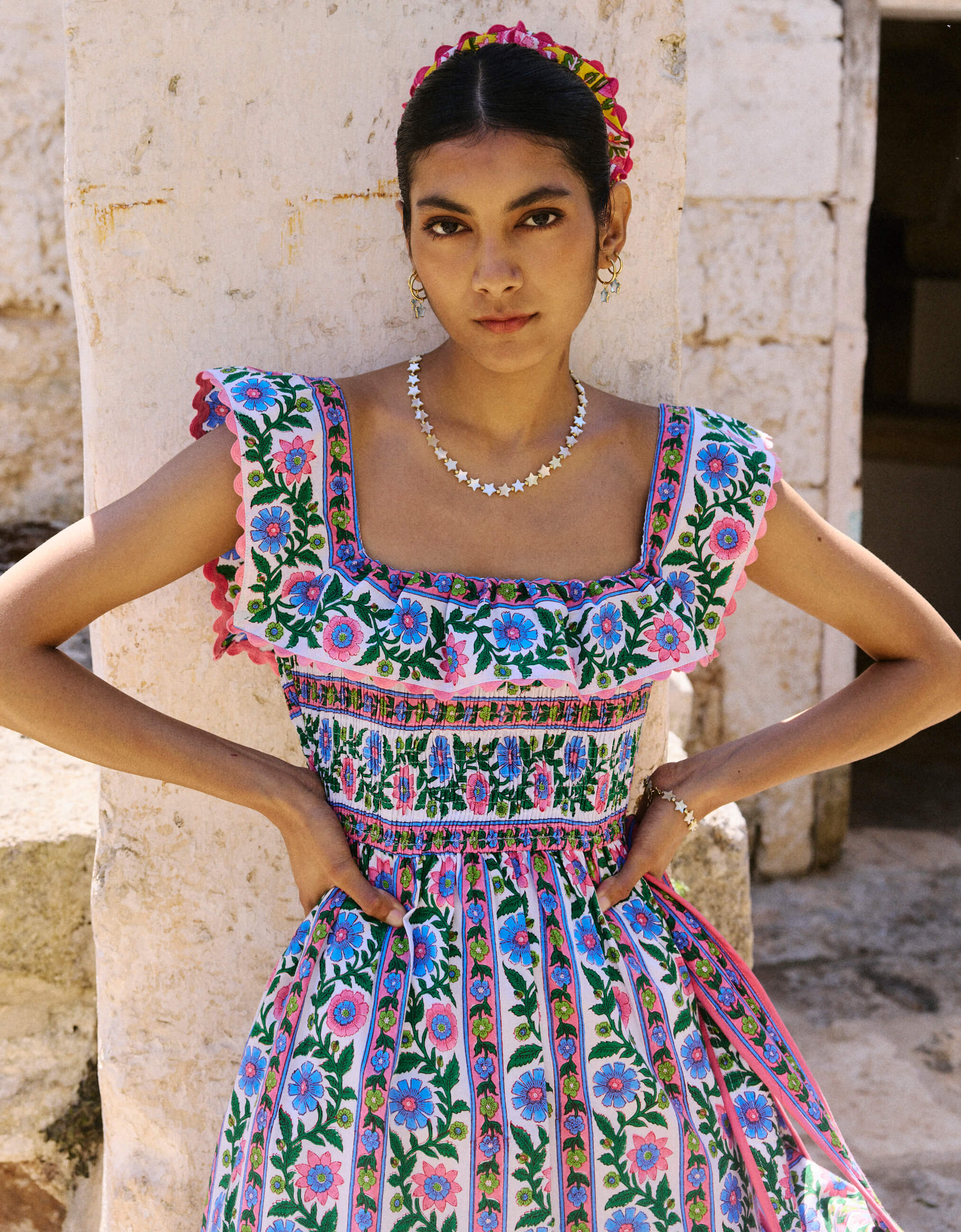 Carrie Dress | Pink & Blue Floral Midi | Block Print Cotton | Over