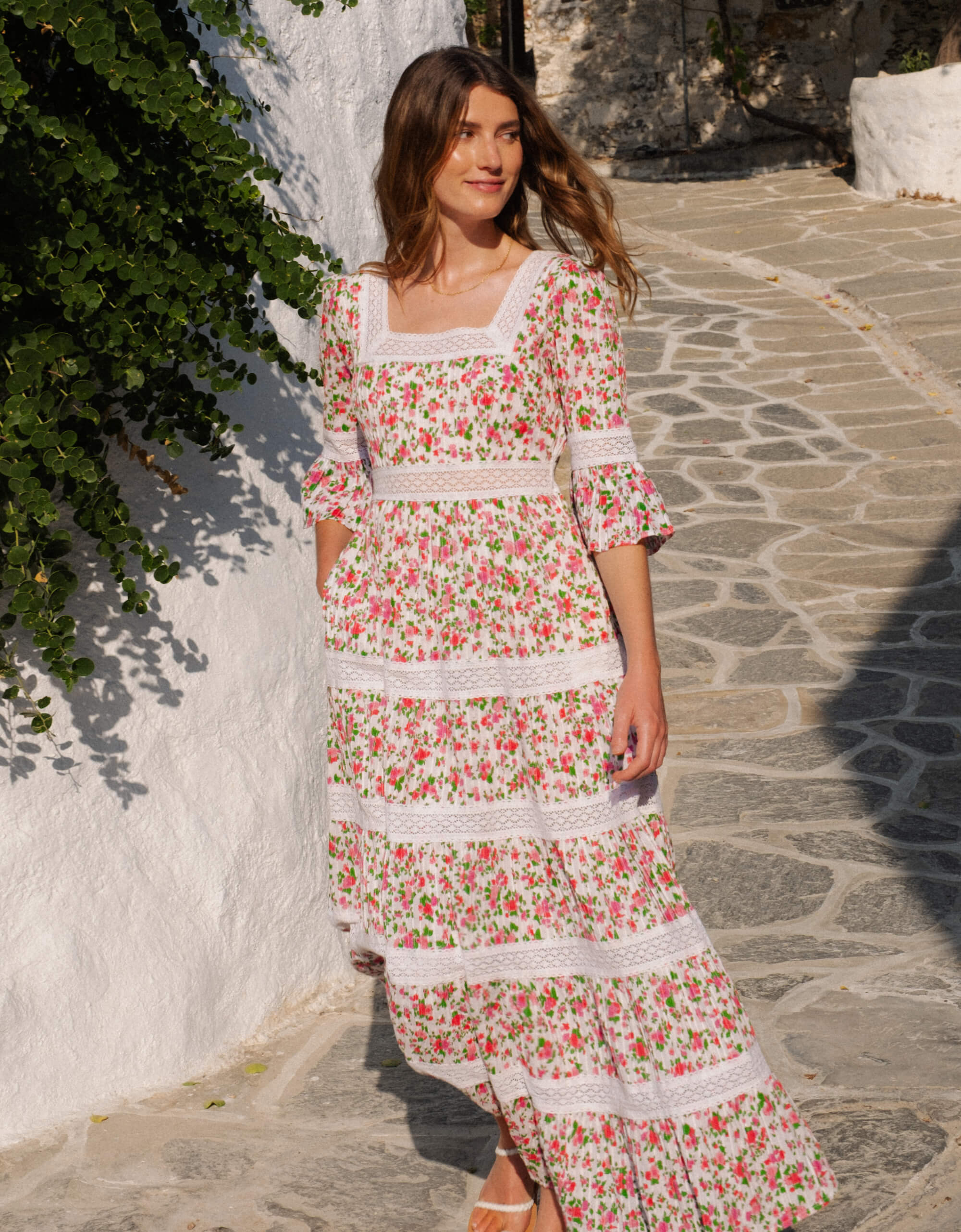 Celine Dress | White & Pink Maxi | Block Print Cotton | Over The Moon