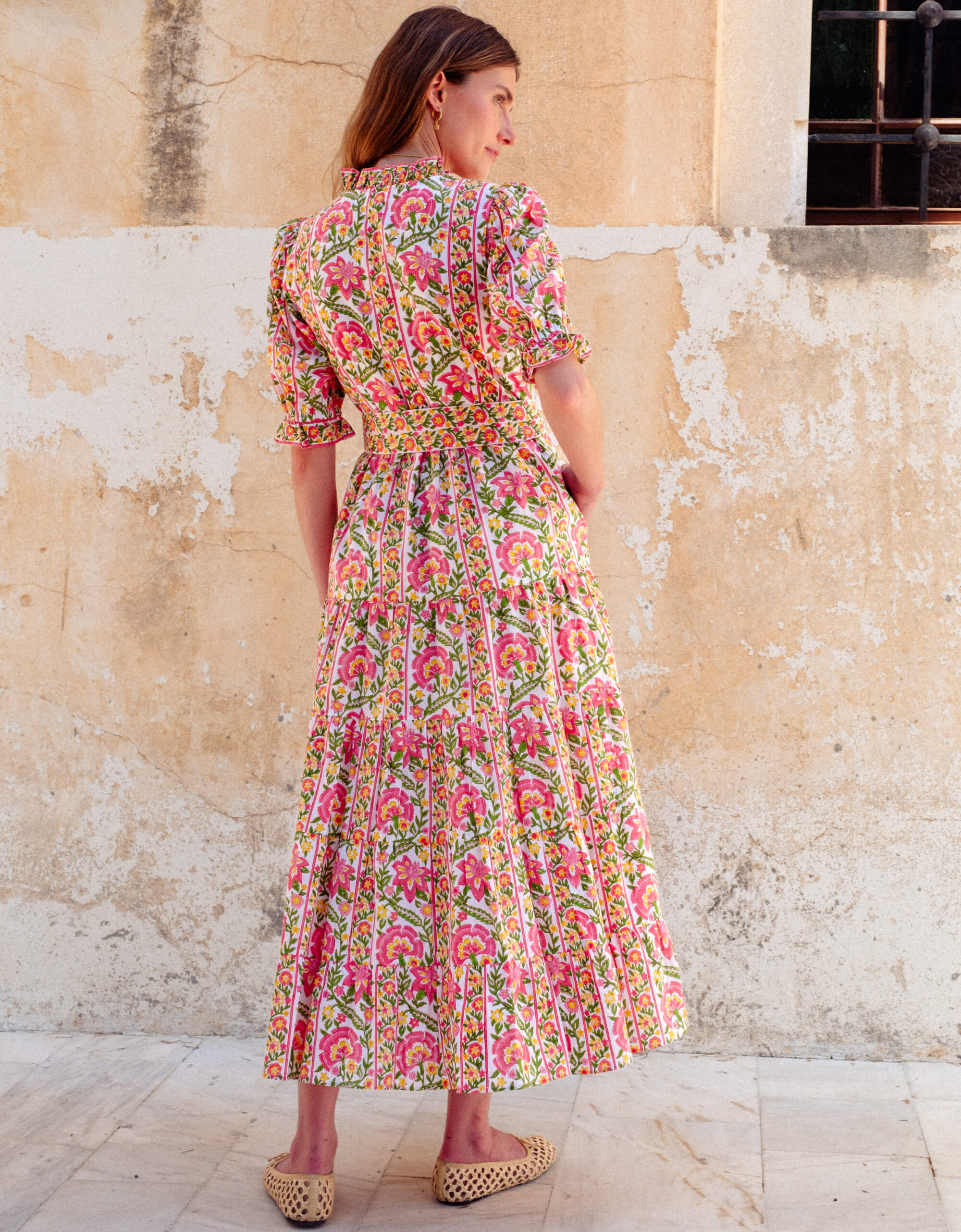 Matilda Dress | Pink & White Floral Maxi | Block Print Cotton