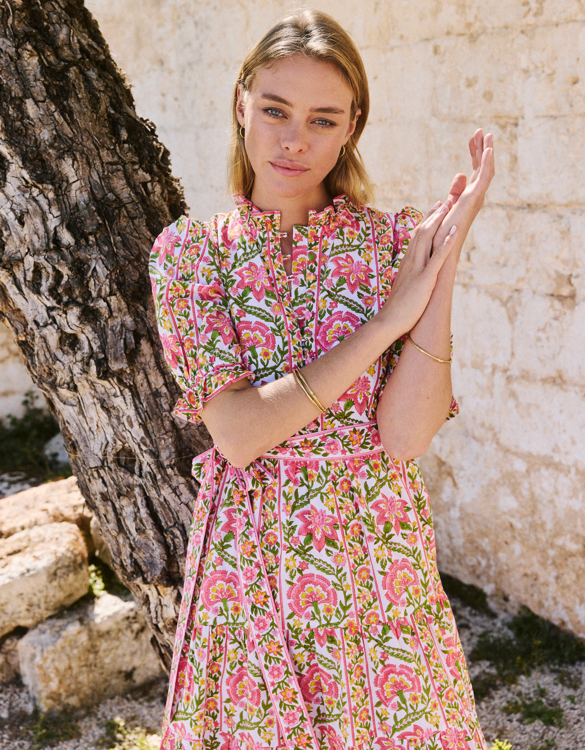 Matilda Dress | Pink & White Floral Maxi | Block Print Cotton