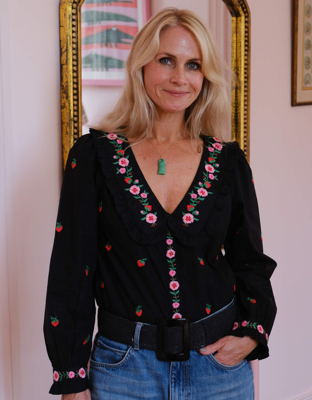 Pink City Prints Strawberry Embroidery Esme Blouse