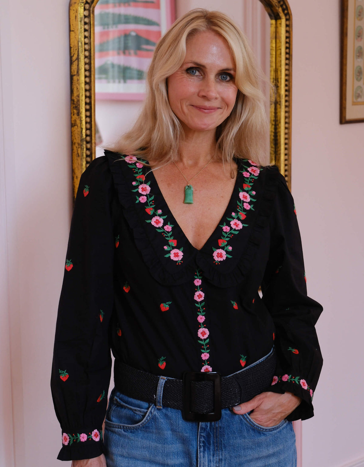 Pink City Prints Strawberry Embroidery Esme Blouse