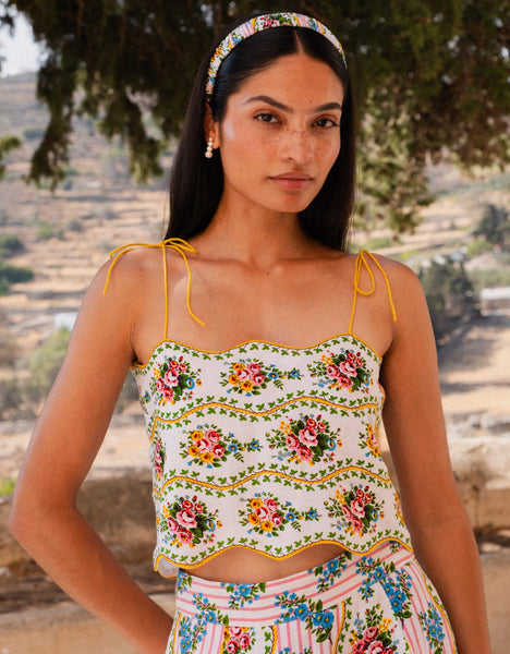 Sicily Top | Yellow, Pink & Blue Floral Top | Screen Print Linen