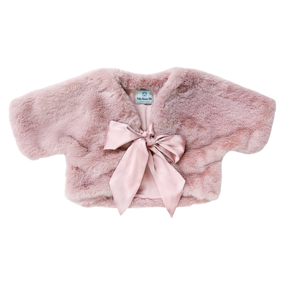 Pink fluffy shoulder faux fur bolero jacket with soft velour texture, cropped silhouette, and silk bow front for a cozy yet elegant layering piece.