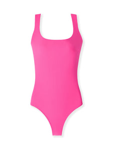 pink dreamsculpt square neck tank one piece swimsuit with tummy control fit on white background

