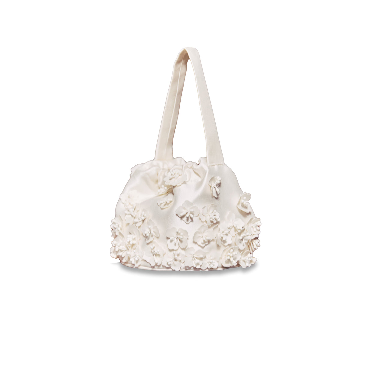 Piper Bucket Bag in Ivory Silk Wool with Petite Fabric Flowers