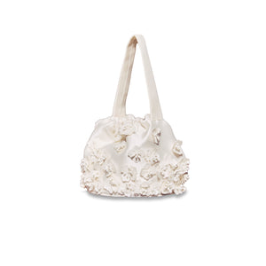 Piper Bucket Bag in Ivory Silk Wool with Petite Fabric Flowers