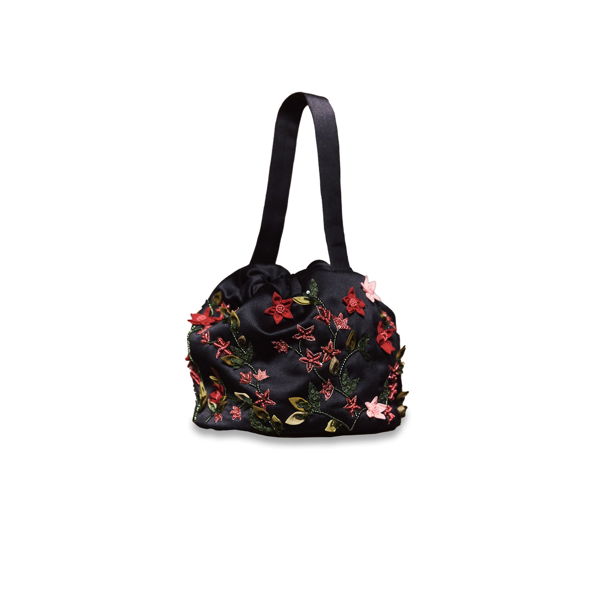 Piper Bucket Bag in Black Silk Wool with Red Floral Embellishment