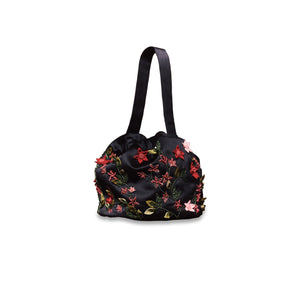 Piper Bucket Bag in Black Silk Wool with Red Floral Embellishment