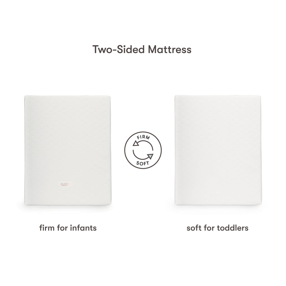 Infographic showing Two-Sided Mattress headline with left side labeled firm for infants and right side labeled soft for toddlers