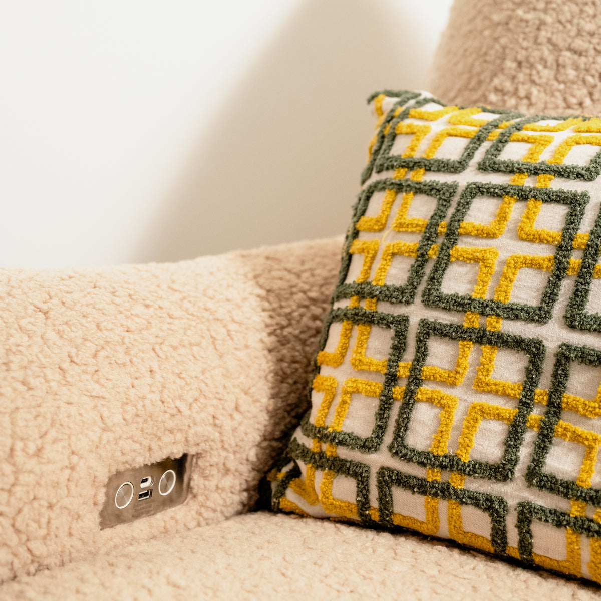 Sunday Power Recliner and Swivel Glider in Chai Shearling with Dark Wood Base