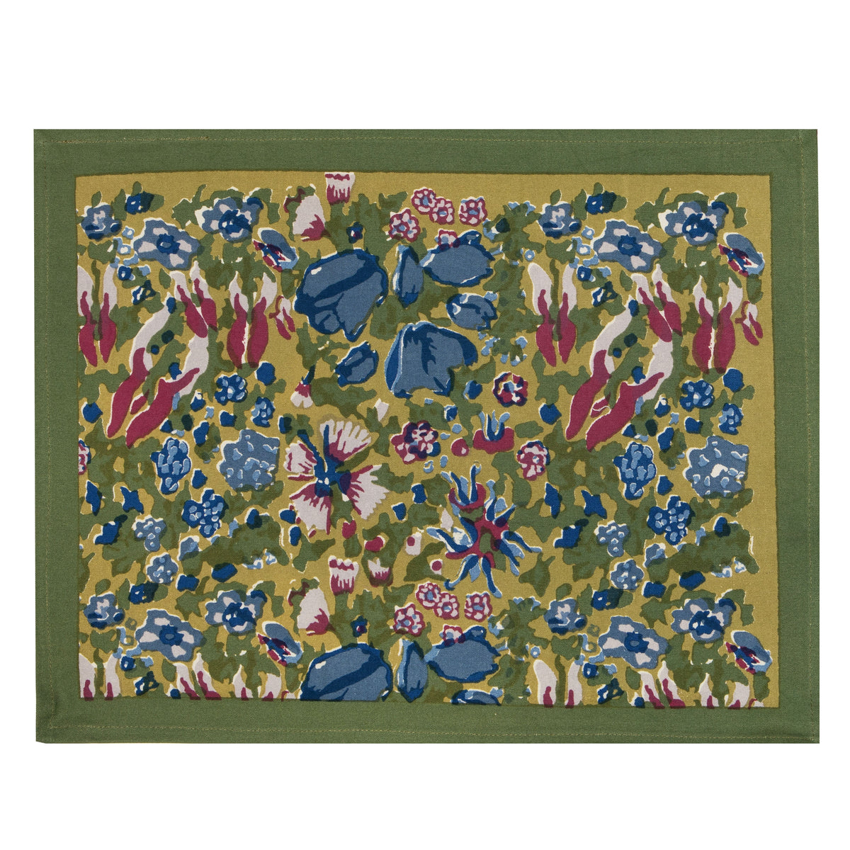 Front view of Jardin Placemats Blue & Vert, Set of 6 showcasing a colorful floral pattern and green border on a white background