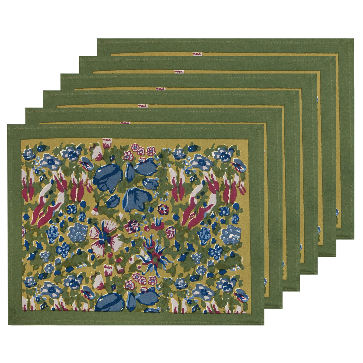 Top view of Jardin Placemats Blue and Vert, Set of 6 showcasing green borders and floral pattern on white background