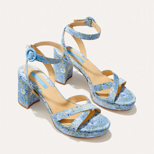 OTM Exclusive: The Platform Sandal in Riley Sheehey Blue Floral Satin