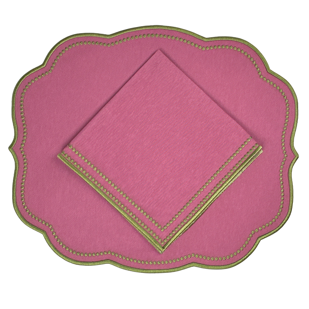 Plum luxury embroidered placemat and napkin with sage embroidery