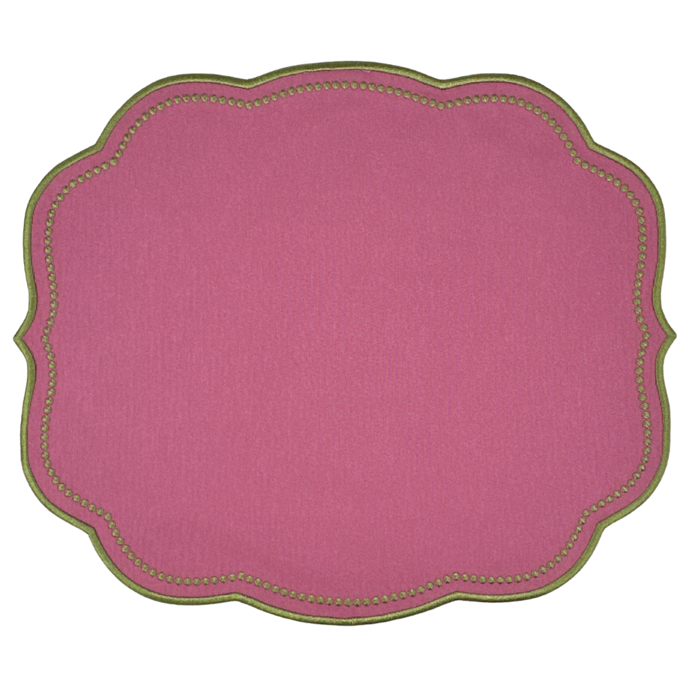 Plum luxury embroidered placemat with scalloped edge and sage green trim 