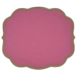 Plum luxury embroidered placemat with scalloped edge and sage green trim 