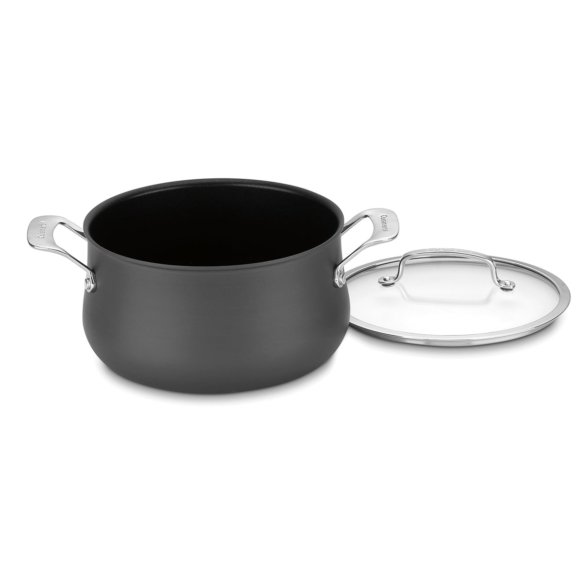 Three-quarter view of black 5 Quart Dutch Oven with Cover showcasing side handles and tempered glass lid on white background
