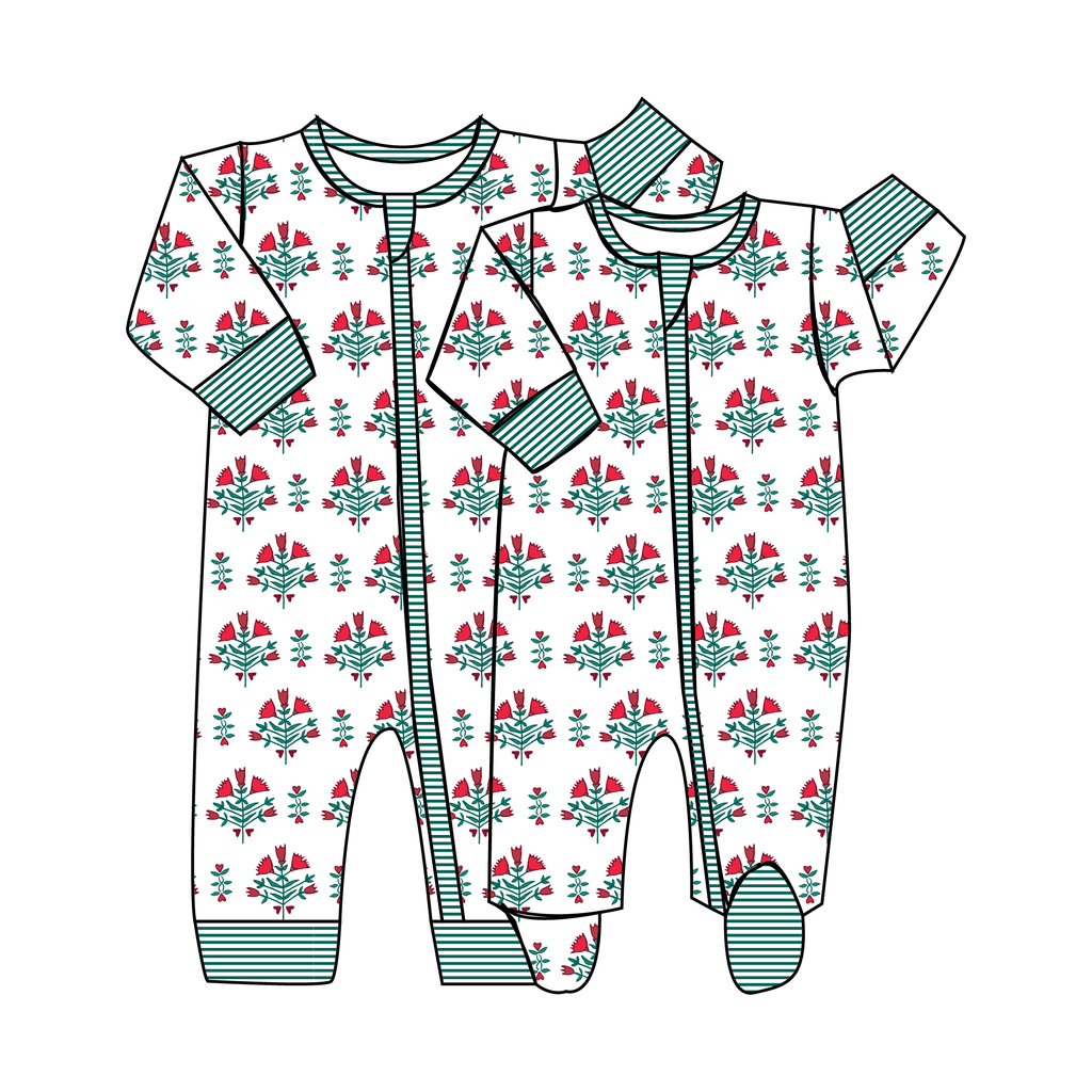 Two views of the Poinsettia Block Print Zip Baby Onesie showcasing red and green poinsettia print, striped trim, and front zippers on white