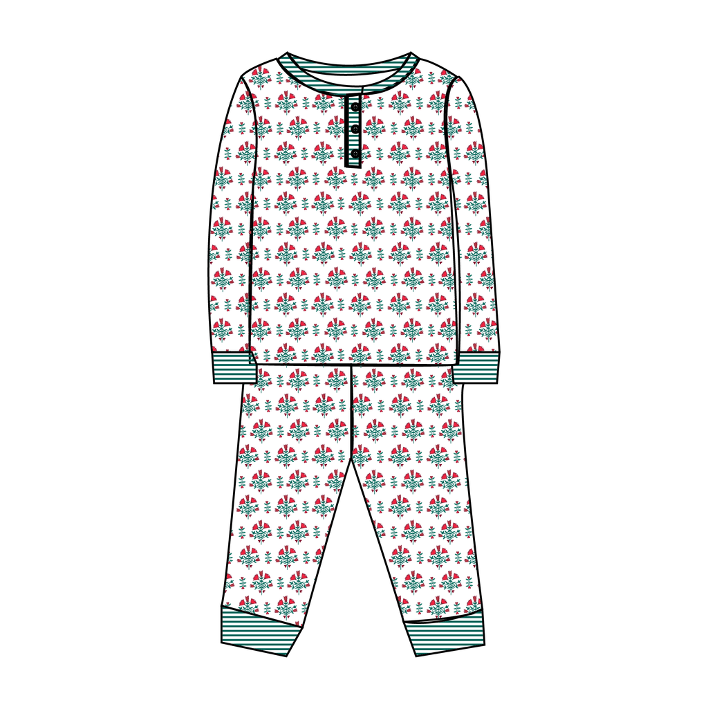 Front view of Poinsettia Block Print Two-Piece Kids Henley Pajamas showcasing red and teal poinsettia print with striped trim