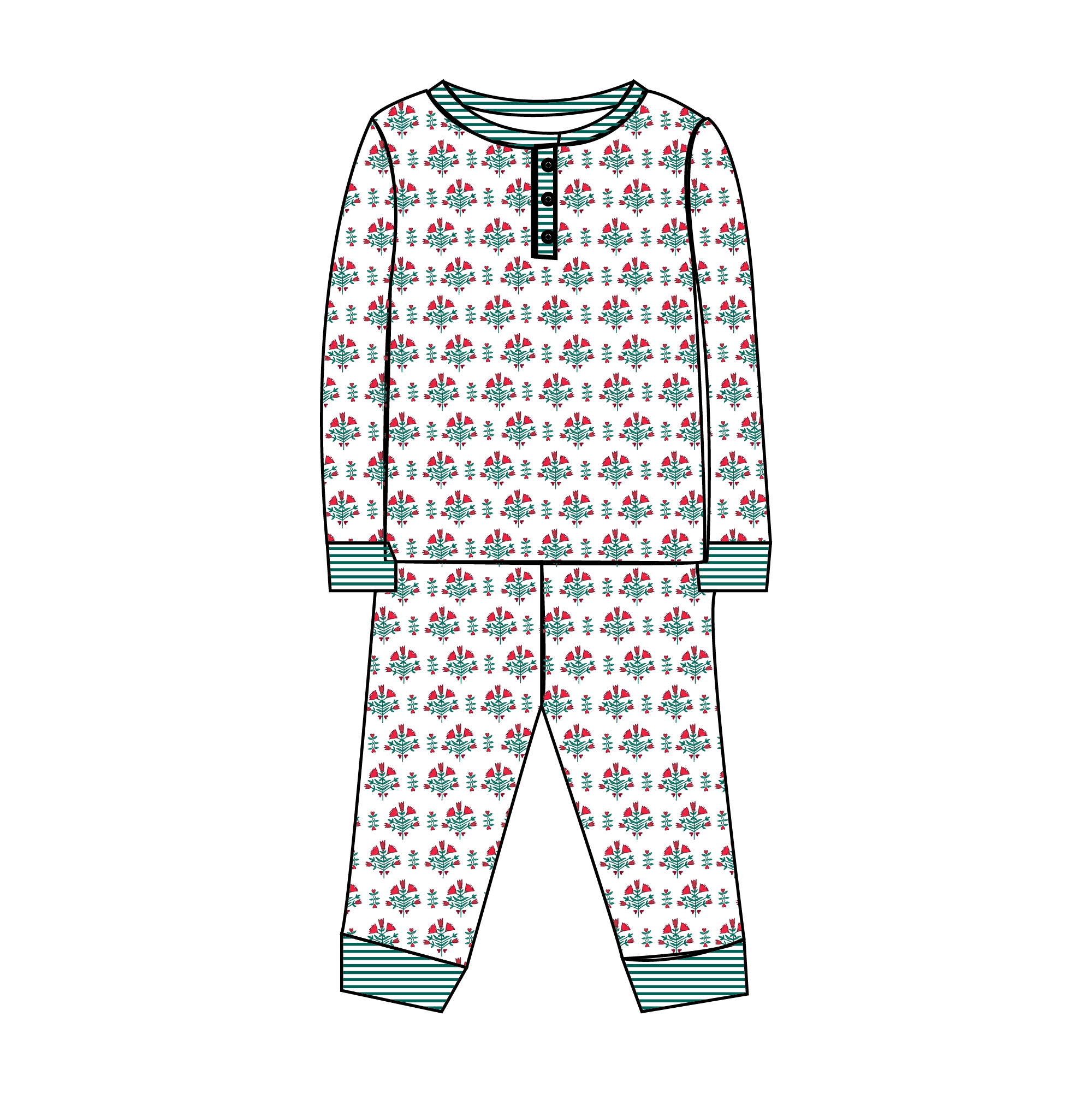 Poinsettia Block Print Two-Piece Kids Henley Pajamas