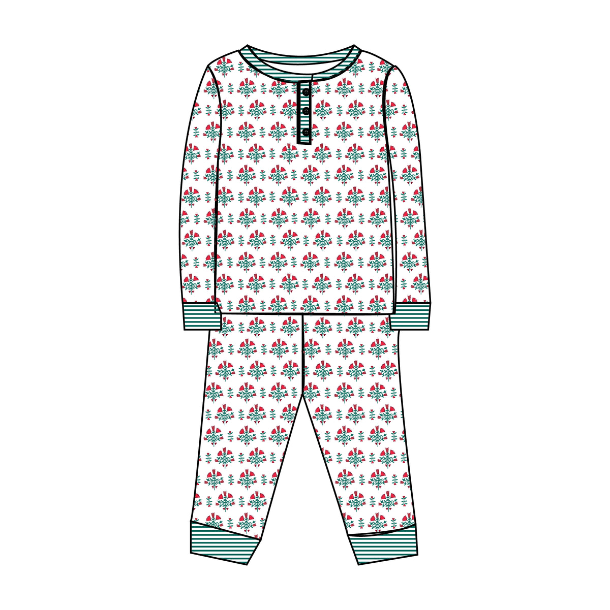 Poinsettia Block Print Two-Piece Kids Henley Pajamas