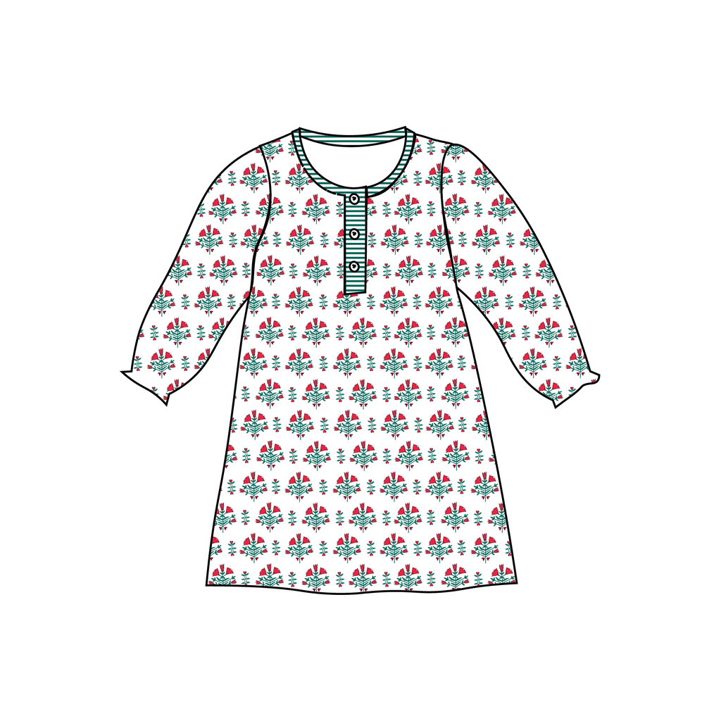 Front view of Poinsettia Block Girls Tess Lounge Dress showcasing striped button placket and poinsettia pattern on white background