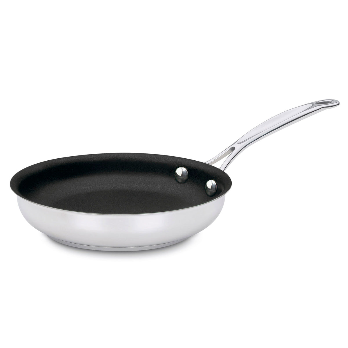 Three quarter view of Chef’s Classic 7 inch skillet showcasing stainless steel construction and nonstick ceramic interior with white background